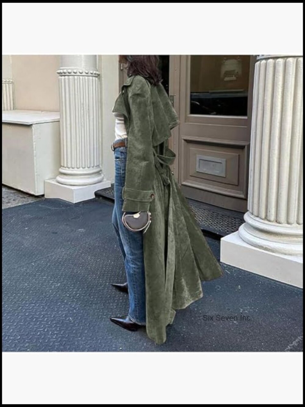 Faux Suede Long Trench Coat Notched Lapel Double Breasted Pea Coat with Belt - Picture 3 of 7